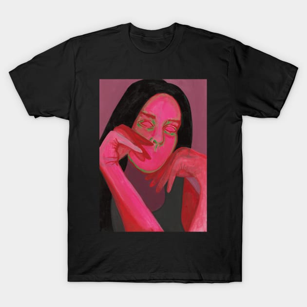 Red sad girl portrait T-Shirt by deadblackpony